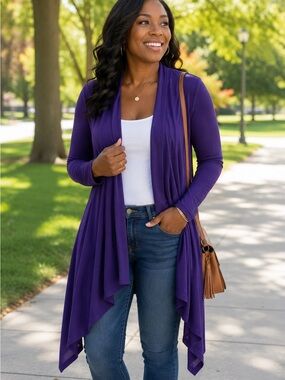 Azules Purple Waterfall Open Front Cardigan Size Medium NWOT Made in USA